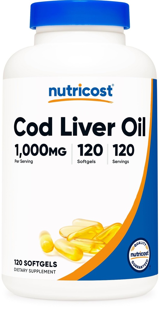Nutricost Cod Maksaõli 1000mg, 120 Softgels - Non-GMO & Gluteenivaba