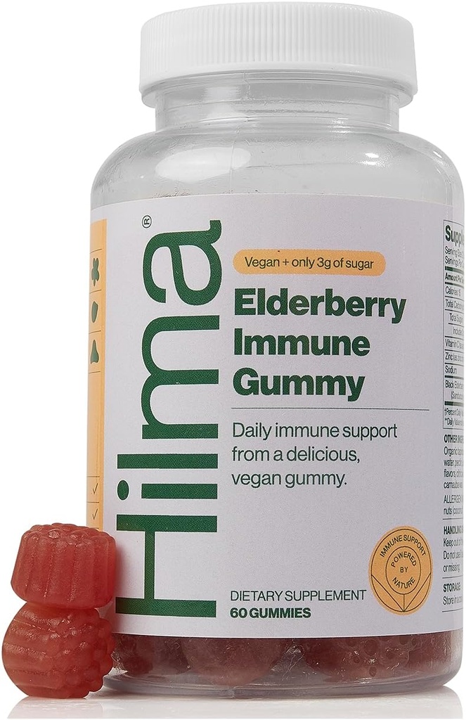Hilma Elderberry Gummies formuleeritud vitamiin C & tsink, looduslikud, vegan, kliiniliselt tõestatud koostisosad, immuunsüsteemi tugilisa pluss antioksüdandid, looduslik marjamaitse (60 kummi)