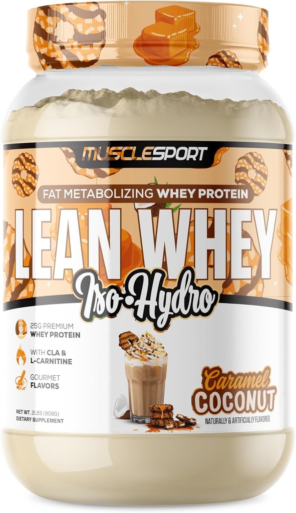 Musclesport Lean Whey RevolutionTM valgupulber - vadakuvalgu isolaat - madala kalorsusega, madala kalorsusega, madala rasvasisaldusega, uskumatud maitsed - 25 g valku Scoopi kohta (2LB, kookoskaramell)