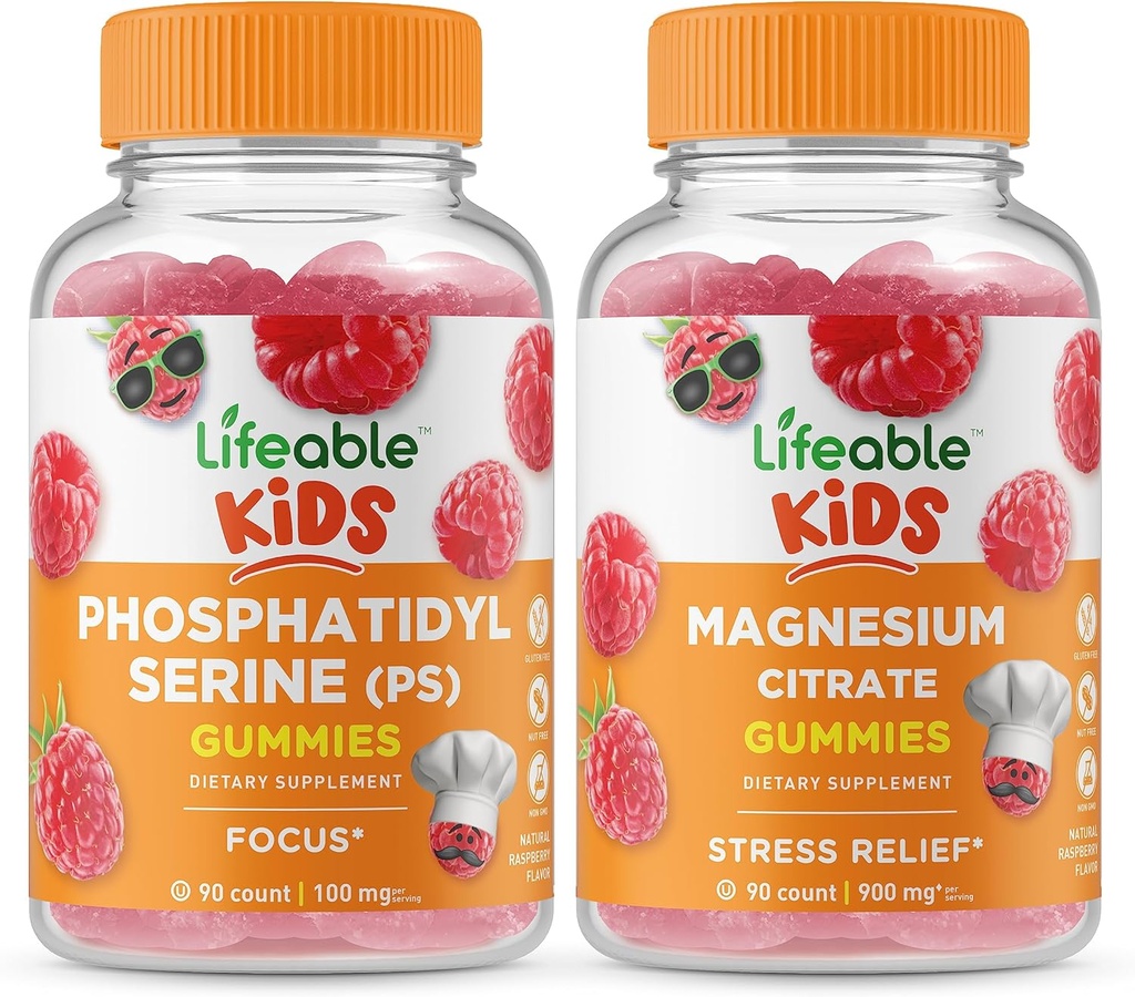 Elujõuline fosfatidüülseriin (PS) Lapsed + Magneesium Kids, Gummies Bundle - suurepärane maitse, vitamiinilisand, Gluteenivaba, GMO-vaba, närimiskumm