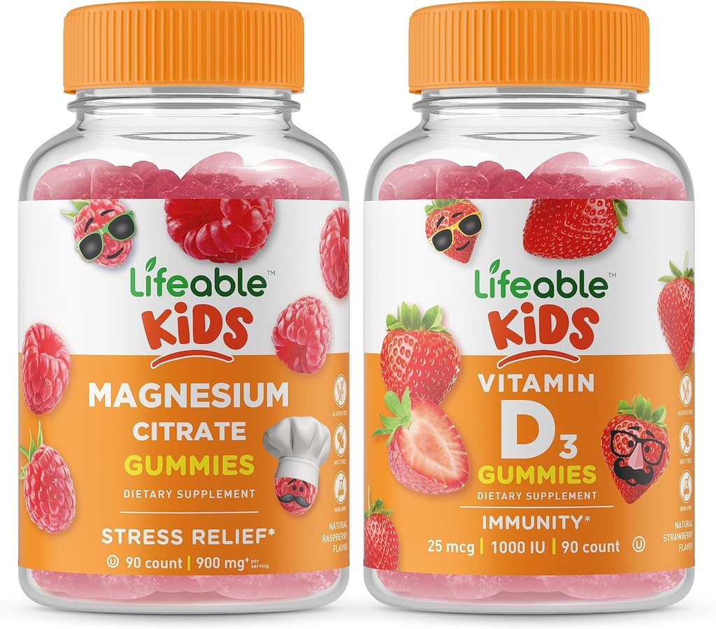 Elujõulised magneesiumilapsed + D-vitamiini lapsed, Gummies Bundle - suurepärane maitse, vitamiinilisand, gluteenivaba, GMO-vaba, närimiskumm