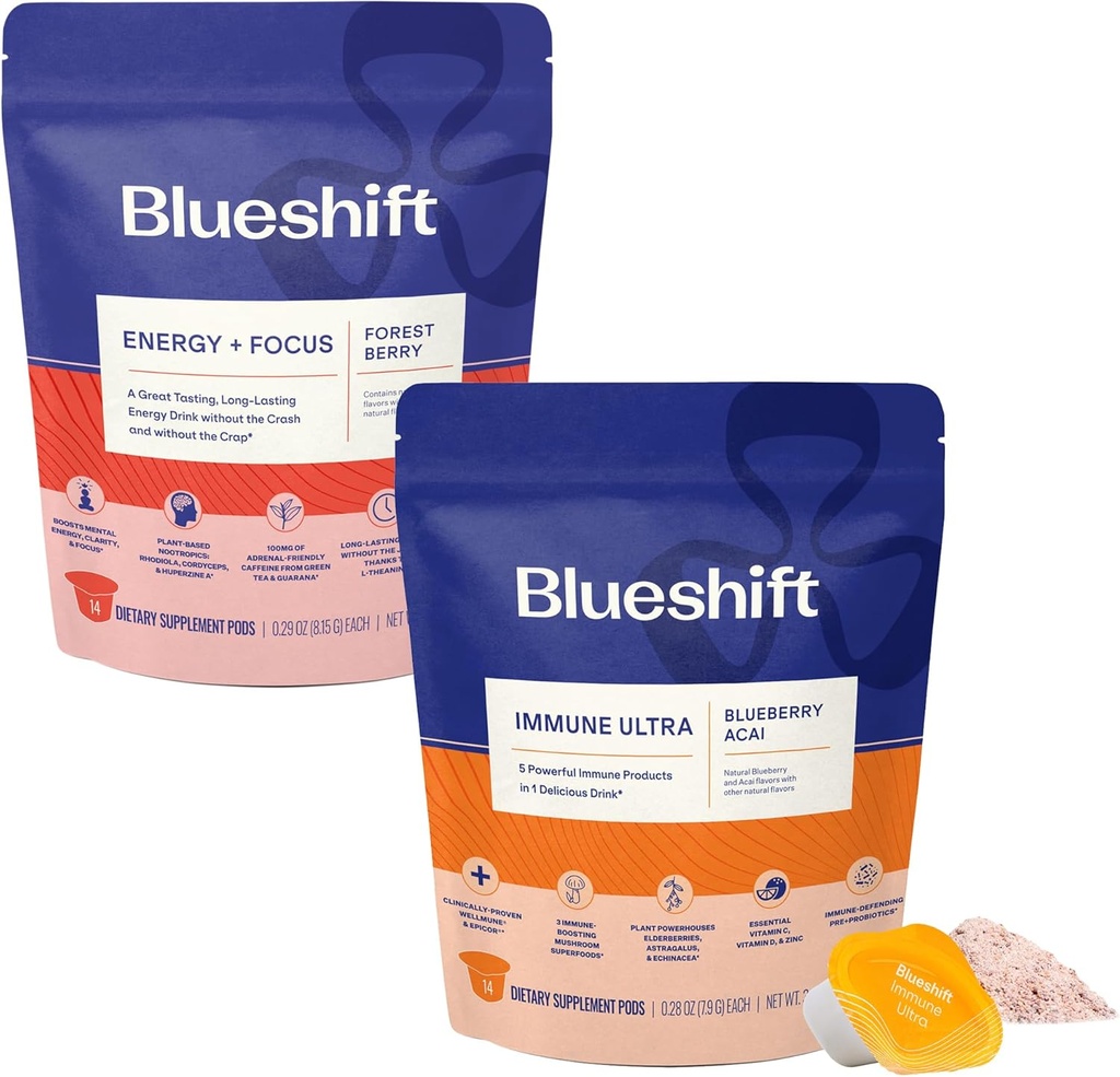 Blueshift Energy + Focus & Immune Ultra Bundle - energiajoogi kaunad, immuunsuse tugipulber, joogisegud energia ja immuunsuse kaitseks, vitamiinilisand - Energy+Focus (14 Pack) & Immune Ultra (14 Pack)