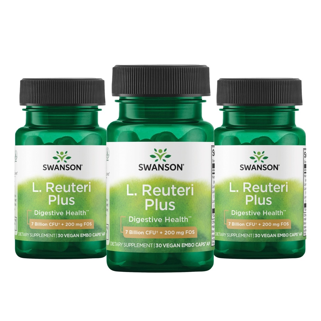 Swanson L. Reuteri Probiotic Plus w/L. Rhamnosus L. Acidophilus & FOS Prebiootiline seedetrakti tugi - Soodustab soolestiku tervist w/ 7 miljardit CFUd kapsli kohta - (30 Veggie kapslit) (3 pakendit)