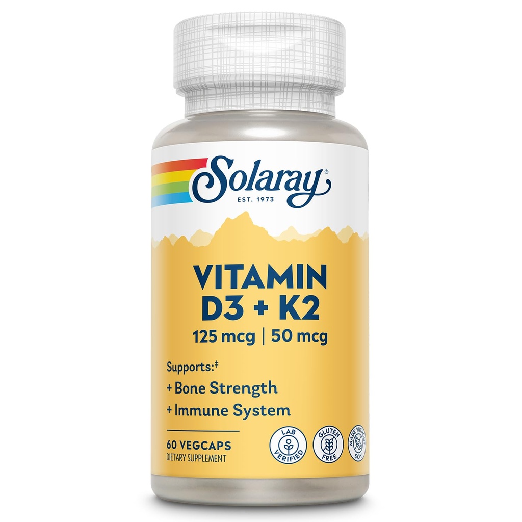 SOLARAY Vitamiin D3 K2 - Luude tervise ja immuunsuse tugisammas - 5000 IU D-vitamiiniga VIT D3 ja 50 mcg K2-vitamiiniga Menokinoon MK7, valmistatud ilma soja, 60-päevane garantii, 60 Serv, 60 VegCaps