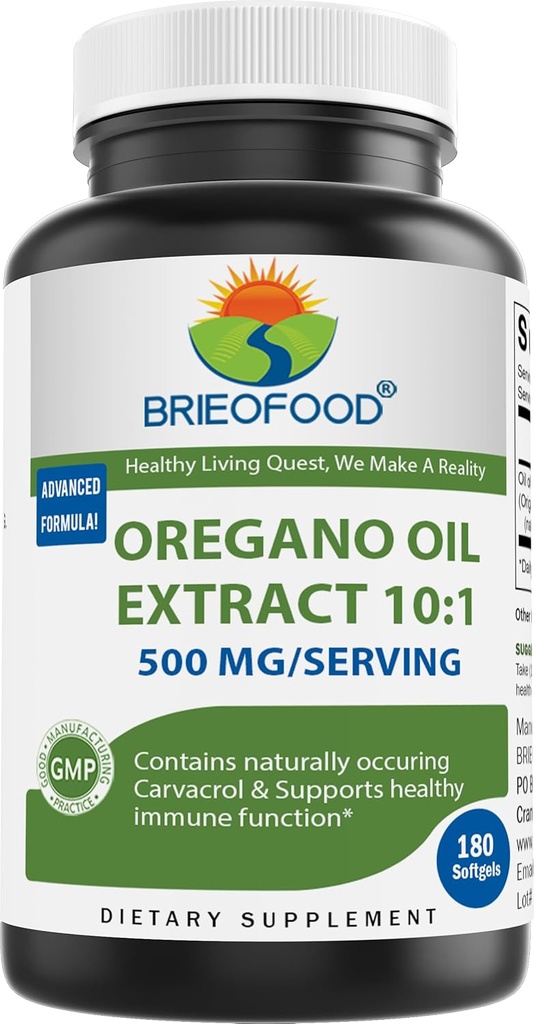 Brieofood Oregano Oil 10: 1 Ekstrakt 500 mg ühe serveerimise kohta - Sisaldab looduslikult karvakrooli - Tervislik immuunfunktsioon - 180 Softgels