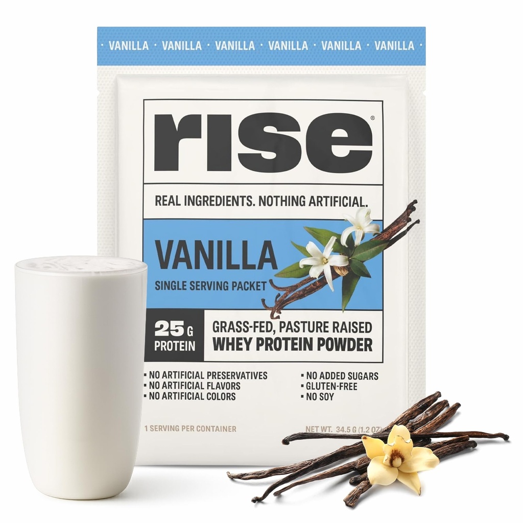 Rise Grass-Fed Whey Protein Pulber - Vanilla | 25g Valk Ei ole kunstlikke maitseid, värve ega säilitusaineid - Suhkruvaba, Gluteenivaba, Sojavaba (ühekordne serveerimine, 1 pakend)
