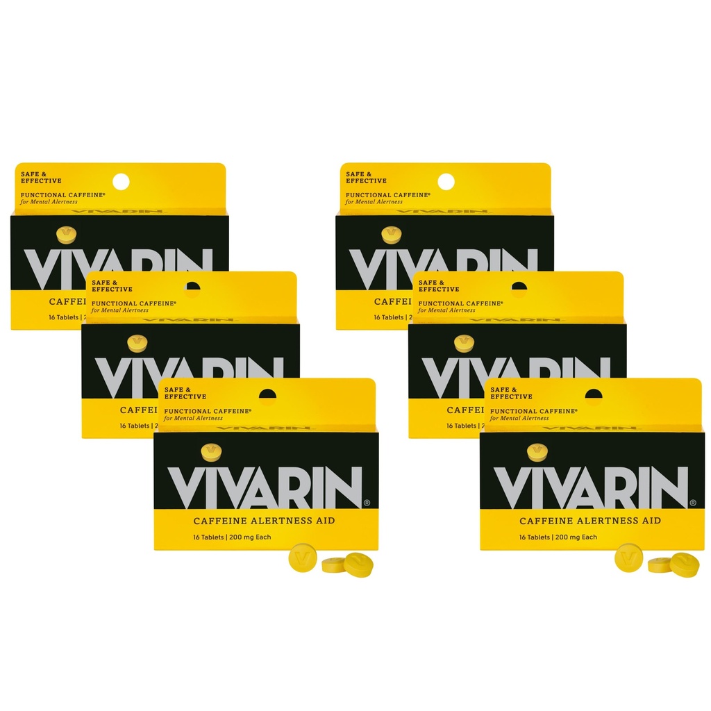 Vivarin, kofeiinipillid, 200 mg kofeiini annuse kohta, ohutult ja tõhusalt aitab teil jääda ärkama, suhkrut, kaloreid või varjatud koostisosi, energialisandit, 16 tabletti (6 pakendit)