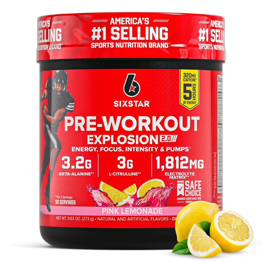 Kuus tärni enne treeningut pulber meestele ja naistele, roosa limonaad (30 serveerimist) - Preworkout Explosion 2.0 energia pulber joogi segu beeta-alaniin ja kofeiin - Sport Nutrition Supplement tooted