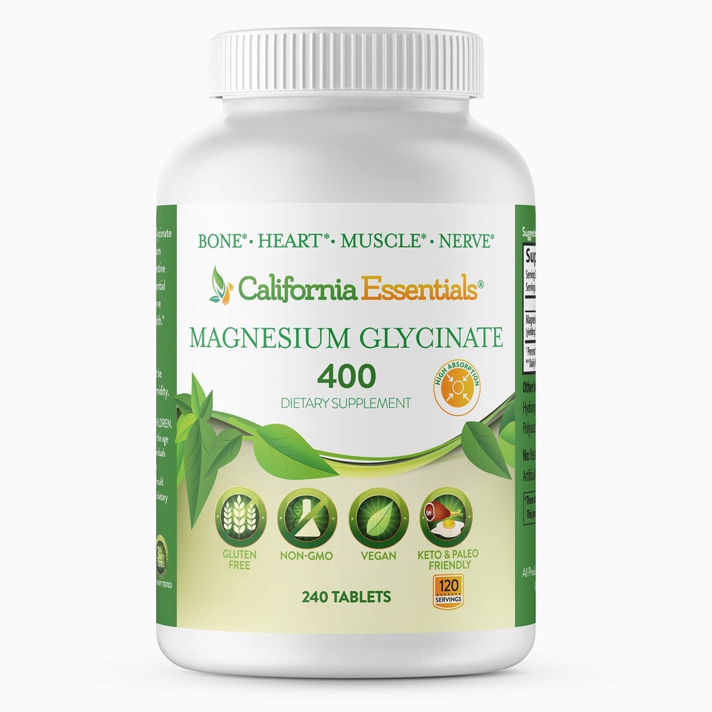 Magneesiumglütsinaat 400 - kelaat, kõrge imendumine Magneesium lihaste leevendamiseks, luude ja südame toetamiseks - Vegan, mitte-GMO, gluteenivaba 240 tabletti ( Teenus 120, Serving Suurus (2) 200 mg tabletid)