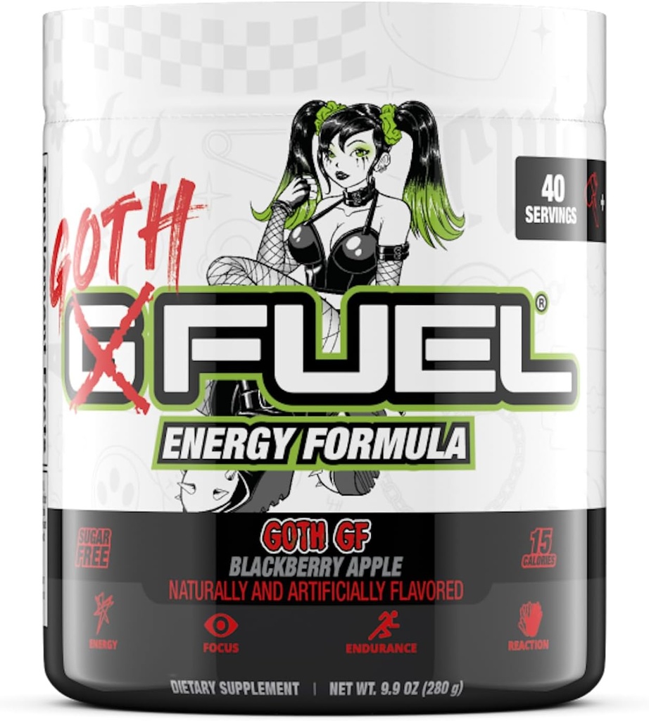 G Fuel Goth GF Energiajoogipulber, Pre Workout Kofeiinipulber, energiapulber Joogisegu hasartmängudeks, Suhkruvaba fookus Amino, Vitamiin + Antioksüdandid, 9,9oz (Blackberry Apple, 40 Servings)