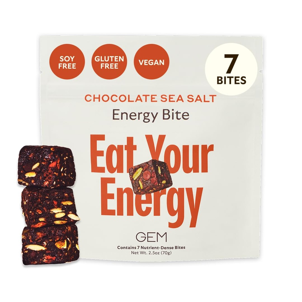 GEM Energy Caffeinated Bite | Holistic Sustained Energy | Toetab ainevahetust, vastupidavust ja vastupidavust | 40mg Kofeiini, ženšenni juurt, L-Theanine | Šokolaad Cacao meresool | 7 serveerimist