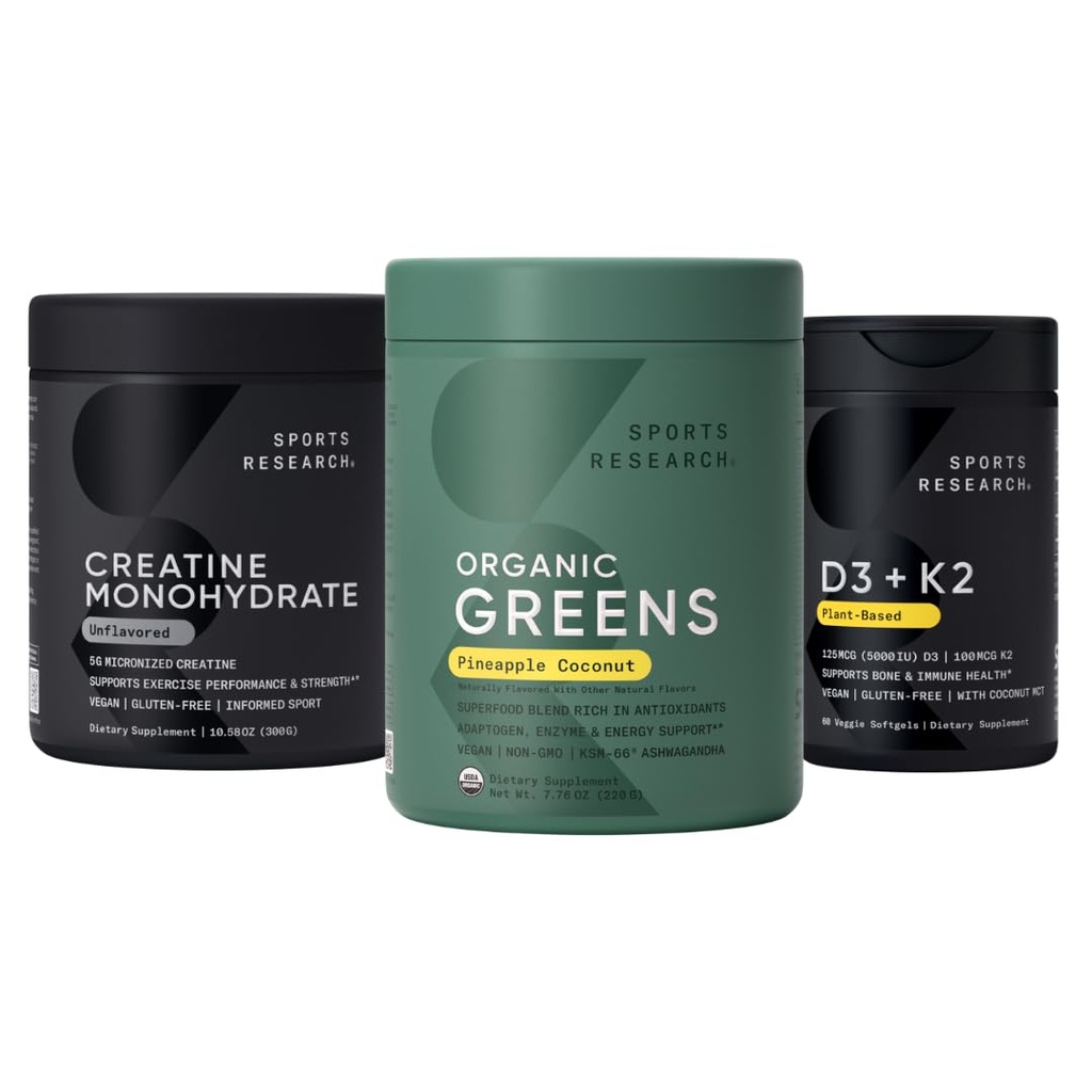 Sport Research® orgaaniline ananassi kookospähkli rohelised, kreatiini monohüdraat ja D3 5000iu vitamiin K2 100mg