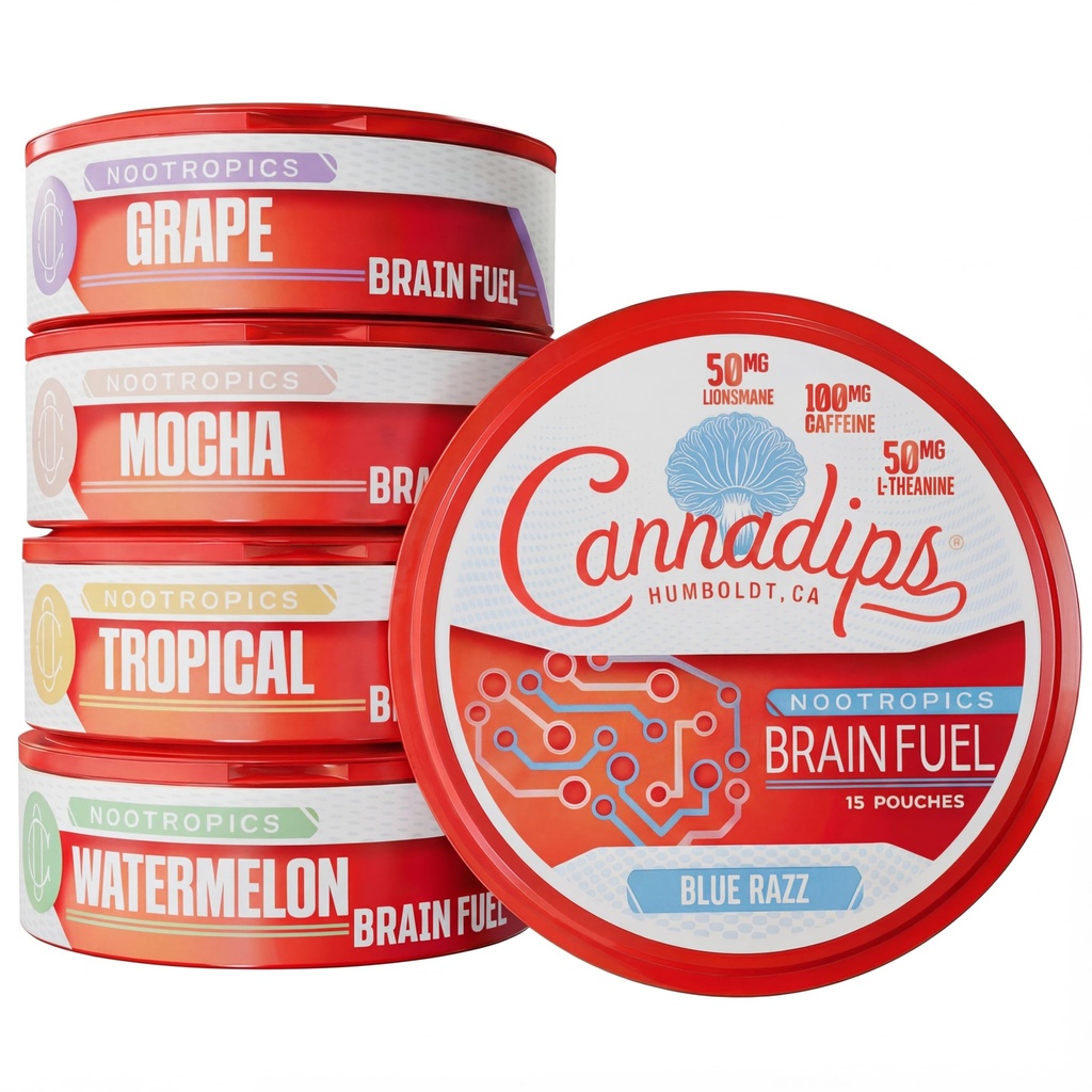 Cannadips - Brain Fuel Variety Pack - Nootropic Caffeine Pouches - 50mg Lion's Mane, 100mg Caffeine, 50mg L-Theanine, No Sugar - Clean Energy Brain Fuel for Cognitive Performance, Made in USA (5-PACK)