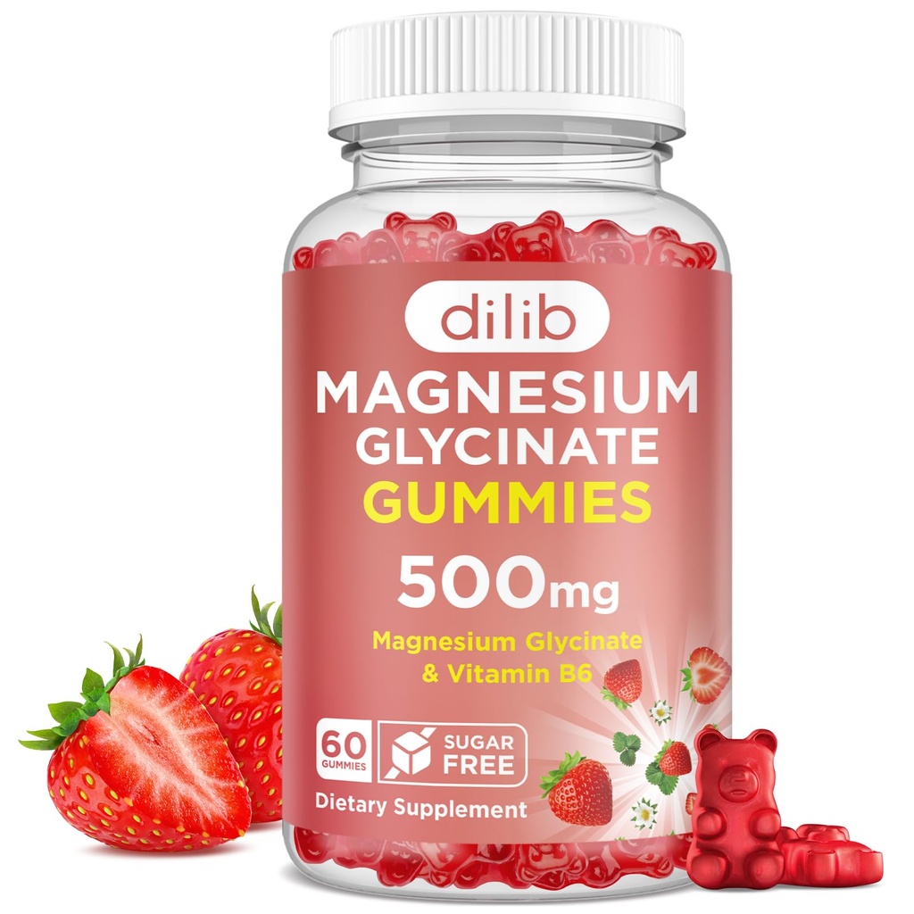 Magneesium Glütsinaat Gummies 500mg - magneesiumilisandi vitamiin B6 täiskasvanutele ja magneesium lastele - Rahulik Magneesium magada, meeleolu, lihaste tugi - maasikamaitse, 60 Gummies