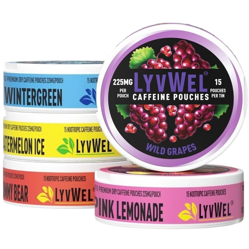 LyvWel 225mg Kofeiini energiakotid | Nootroopne fookus ja neurotugi | Tubakavaba, nikotiinivaba, kiire energialahendus | 5-pakend: 60 kotti (5 pakendit, mitmepakend)