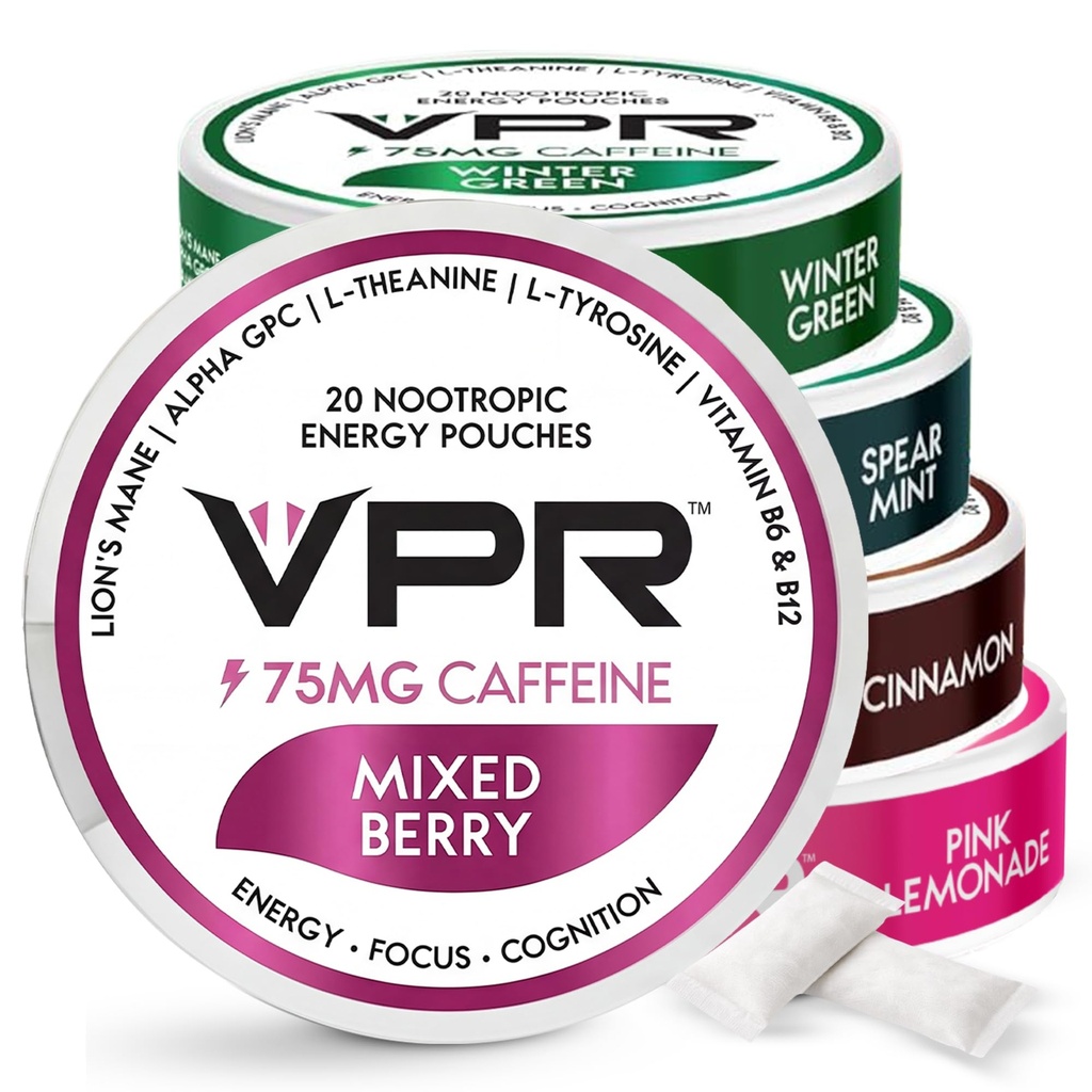 VPR 75mg Kofeiin Nootroopsed kotid | 20 Loe energia kotid Lion's Mane, Alpha-GPC, Vitamiin B6 & B12, L-Theanine ja L-türosiin | Looduslikult maitsestatud fookuskotid ilma suhkruta | Sordipakend