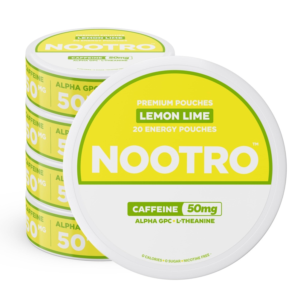 Nootro kofeiin Nootroopsed kotid (sidrunliim) - energiakotid 50mg kofeiiniga, 50mg Alpha GPC, 50mg L-Theanine ilma suhkruta ja ilma kaloriteta - 20 kotti purgi kohta - 5 pakendit