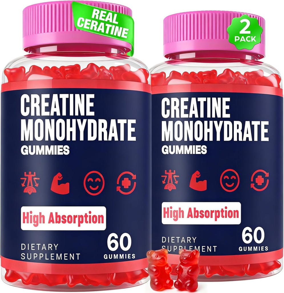 Kreatiinmonohüdraat Kummid naistele ja meestele, tauriin & B6, näritavad Kreatina Pre Workout Gummies Max tugevus ja lihaste kasv, energia, vastupidavus, kreatin meestele ja naistele - 2 pudelit
