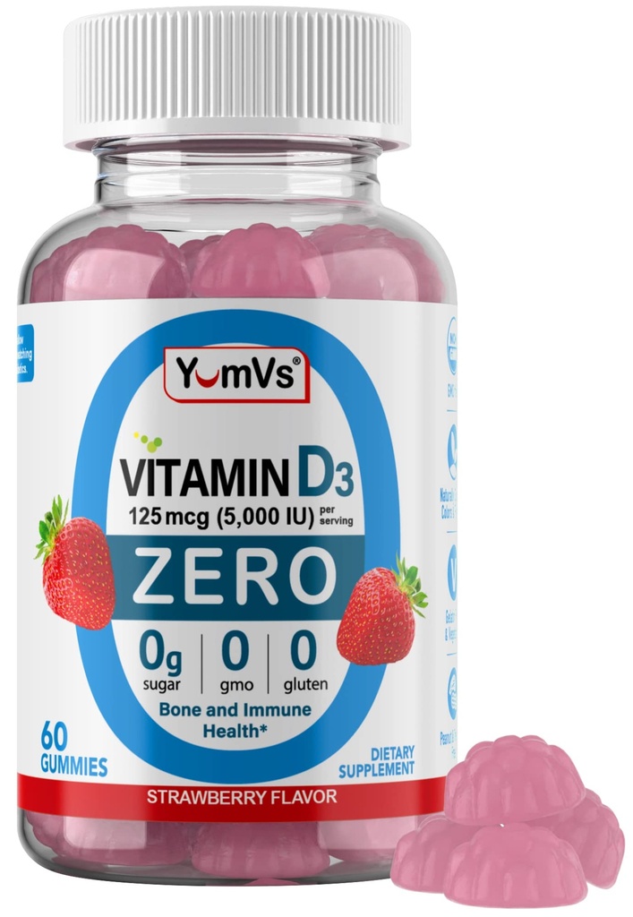 Yum-Vs - D3-vitamiini kummid nullsuhkruga täiskasvanutele ja lastele (125 mcg - 60 krahv) - suhkruvaba D-vitamiini kummikud - taimetoitlased kummi vitamiinid luude toetamiseks ja immuunsuse terviseks - Vit D3-vitamiin närimiskõlblik