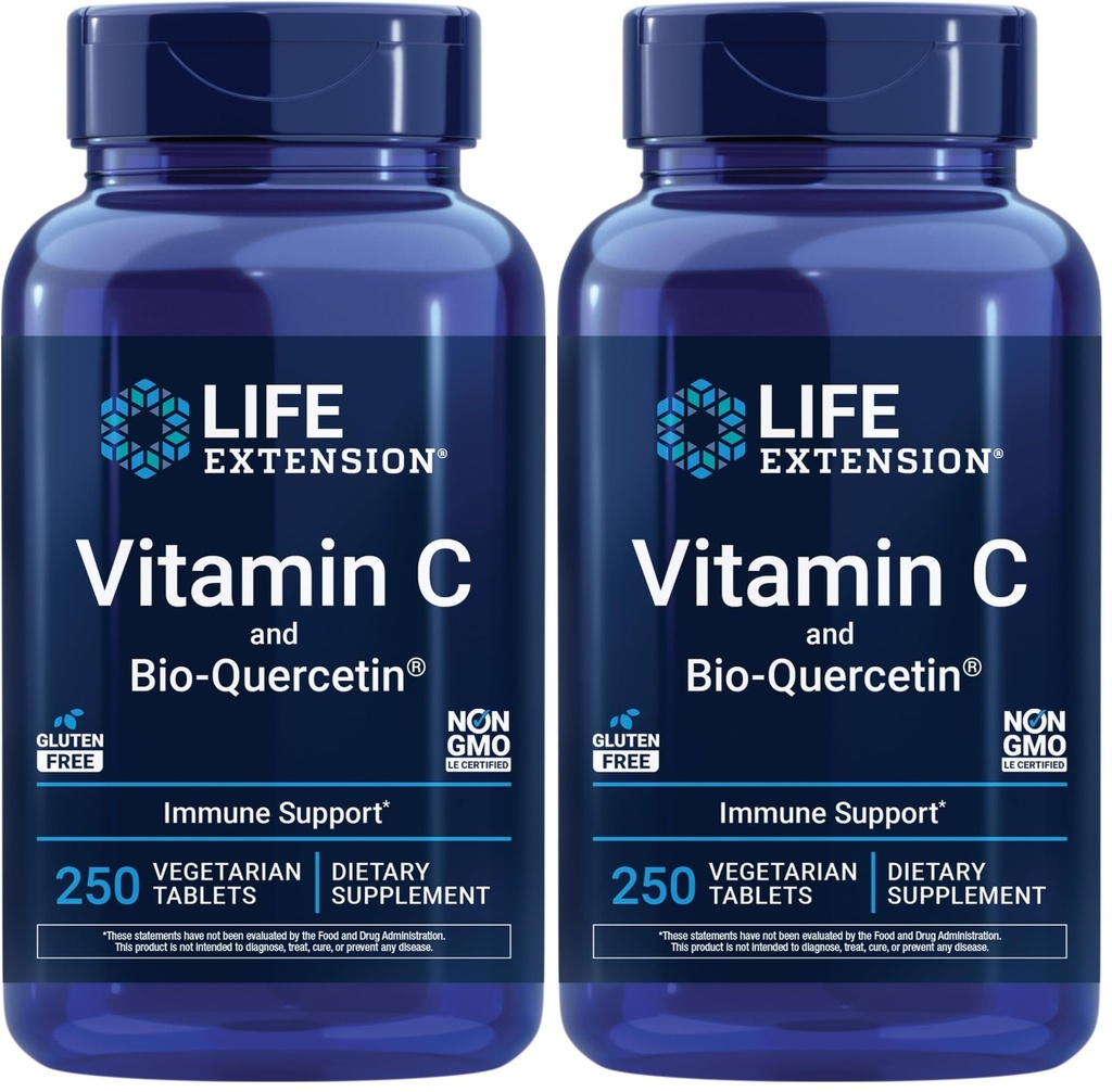 Elu pikendamine Vitamiin C ja Bio-Quercetin®, Kardiovascular Health Supplement, Immune Support, Väga imenduv, kvertsetiin, Vitamiin C, gluteenivaba, Mitte-GMO, Taimetoitlane, 250 tabletti,(Pakk 2)