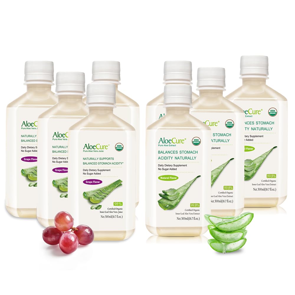 AloeCure orgaaniline Aloe Vera mahl - 8 pudeliproovi pakend - viinamarjad ja looduslik maitse, 8x500 ml