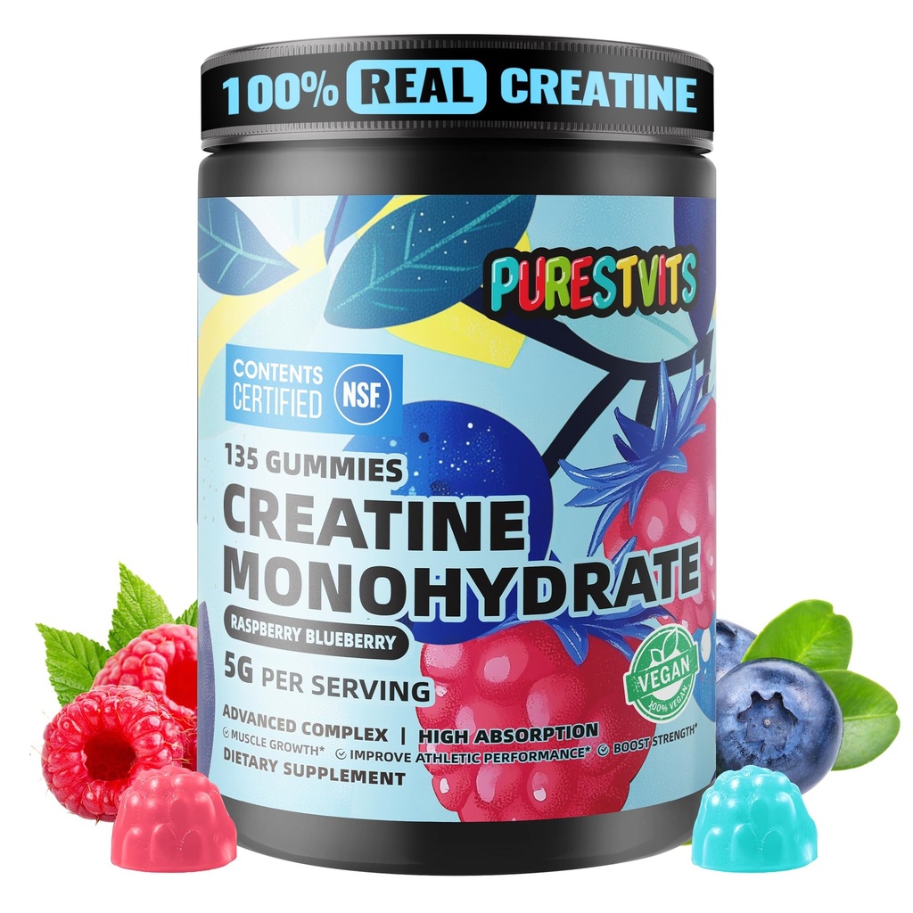 NSF Certified Kreatiin Gummy 5 g - Kreatiinmonohüdraat Gummies - Pre-Workout energia ja lihaste kasvu toetus meestele ja naistele | Blueberry Vaarika Elektrolüüt Gummies (135 Count)