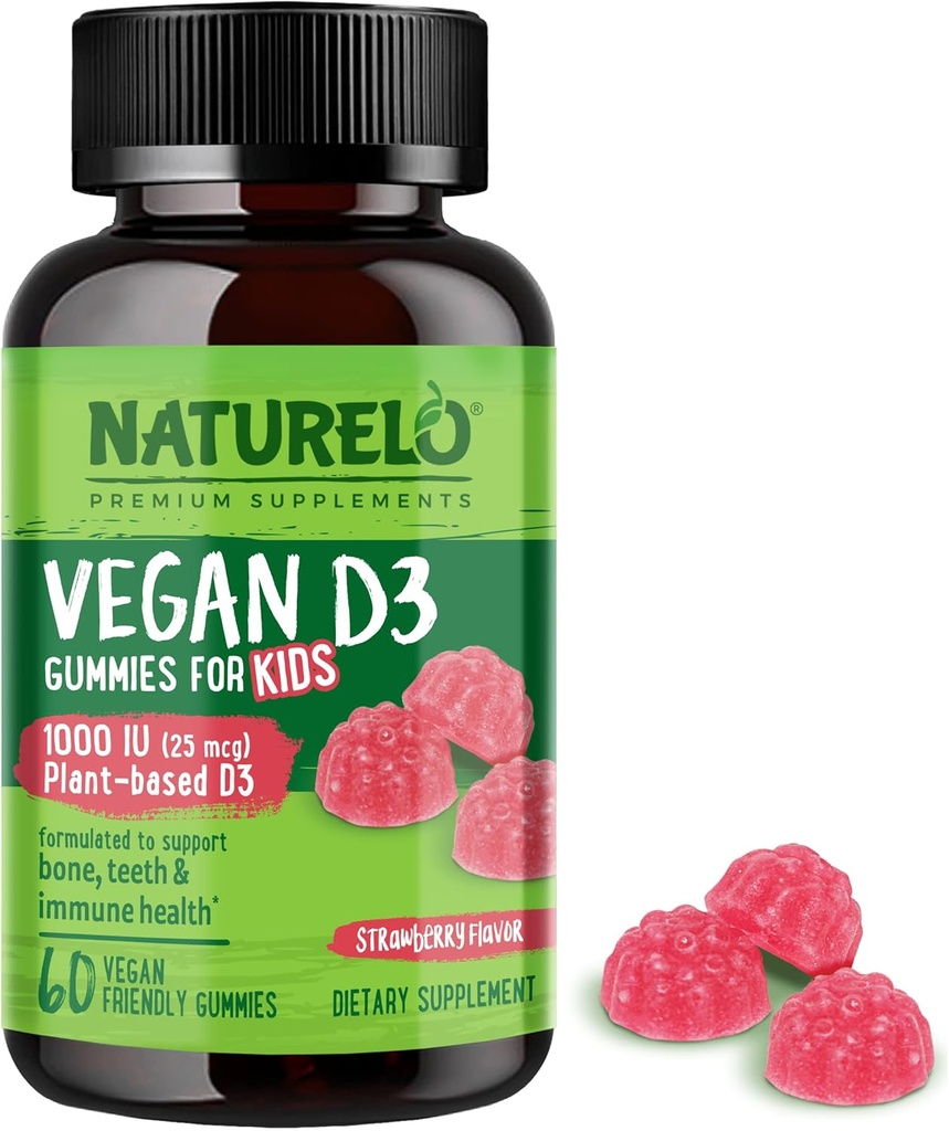 NATURELO Vegan D3 Kummid lastele - 1000 IU D3-vitamiini - Taimne täisväärtuslik toidulisand lastele 4 ja vanemad - 60 vegan-sõbralikku kummikat