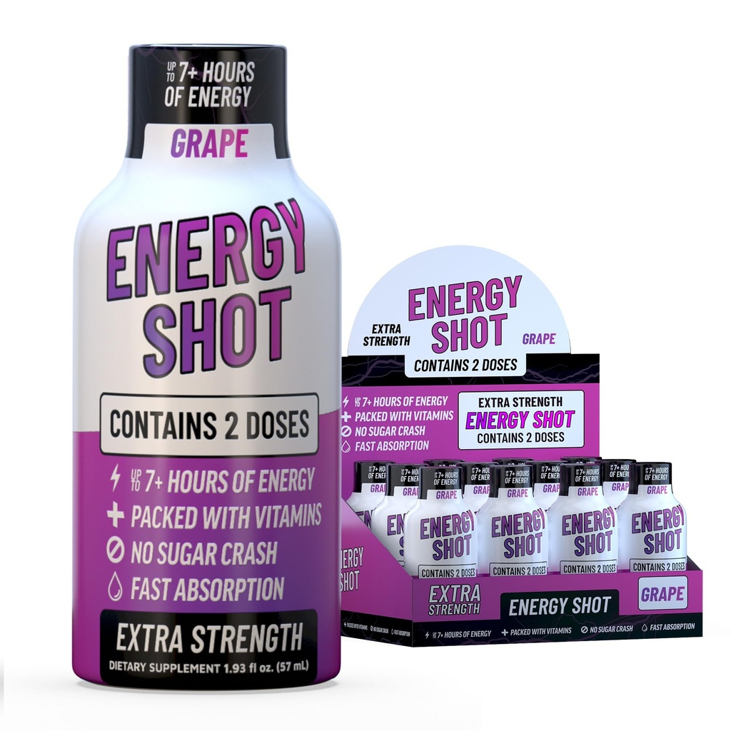 Viinamarja ekstra tugevus energia Shot 12 pk – 260mg looduslik kofeiin B12 B6 – energia ja fookuse toetus – 2 serveerimine Suhkruvaba kalorivaba roheline tee B-vitamiinid Elektrolüüdid Vegan – 1,93 fl oz