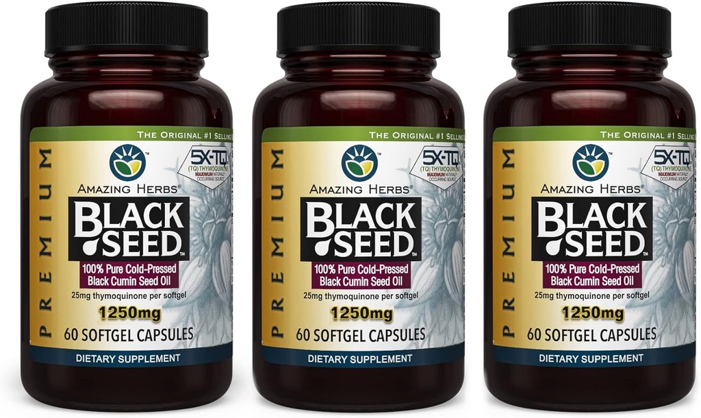 Hämmastavad maitsetaimed Premium Black Seed Oil Kapslid - kõrge potentsi, külm pressitud Nigella Sativa Aids seedetrakti tervises, immuunsüsteemi tugi ja aju funktsioon - 60 Count, 1250mg (3. pakk)