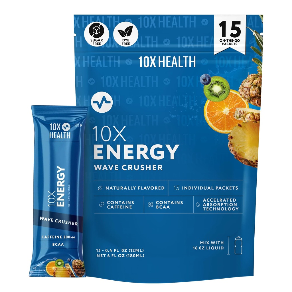 10X Tervis - energia lainepurustaja - energiajook 200mg kofeiini, BCAA-de, B-vitamiinide, kiirendatud imendumisega - troopiline Punch Pre-workout jook - 15 joogisegu paketti (Wave Crusher - Energy)