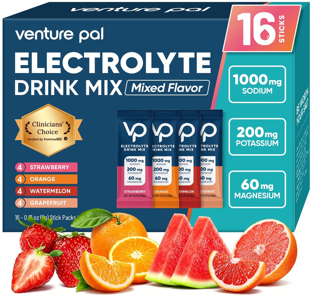Venture Pal kõrge naatriumisisaldusega suhkruvaba elektrolüütide pulbripakett - hüdratsioonipaketid vitamiinide, naatriumi ja kaaliumiga | nullkalorid | Vegan, Keto & Paleo Sõbralik elektrolüütide joogisegu - 16 pulka