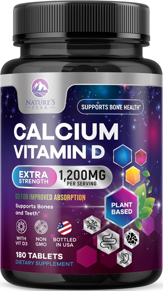 Kaltsium 1200 mg koos D3-vitamiiniga, kaltsiumilisandi vitamiinid, luu, hambad ja immuunsuse tervisetoetus, kaltsiumilisandid D-ga naistele ja meestele, looduse imenduv kaltsiumkarbonaat - 180 tabletti
