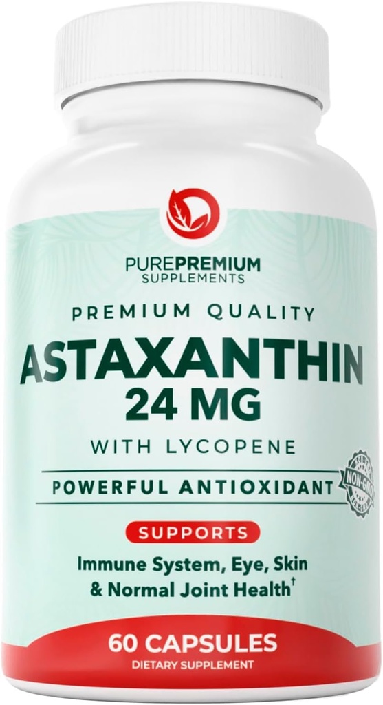 PurePremium Astaksantiin Toidulisandid - Astaksantiin 24mg koos lükopeeniga 50mg Antioksüdandid Täiendus naha ja silmade tervise, & Immuunsüsteemi tugi - Mitte-GMO - 60 loend, 2 kuu pakkumine