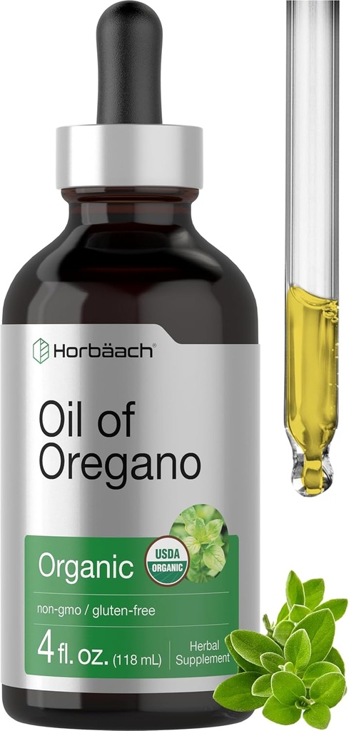 Horbäach Organic Oil of Oregano Drops 4 fl oz Liquid | Vegan | Non-GMO, Gluten Free