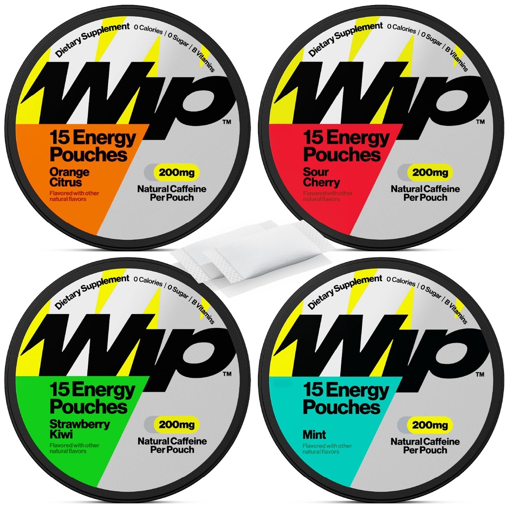 Wip Energy Pouches | 200mg Natural Caffeine | Vitamiinid ja mineraalid | 4 Pack Assorted: Hapu Kirss, Mint, Orange Citrus, Maasika Kiivi