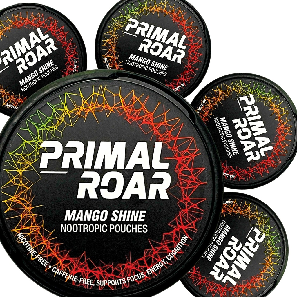 Primal Roar Mango Shine - Stimulant-Free Deep Focus Nootropics Pouches | Lõvi Mane + Cognizin Citicoline + Huperzine A | Nikotiin ja kofeiin-vaba | 20 kotti purgi kohta (100 kokku 5-pakendis)