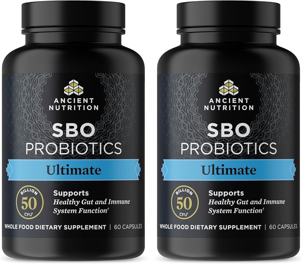Ancient Nutrition probiootikumid, SBO probiootikumid Ultimate 50 miljardit CFU-d * / teenimine, seedimine ja immuunsuse tugi, Gluteenivaba, iidsed supertoidud segu, purustatud 60 kapslit (2 pakendit)