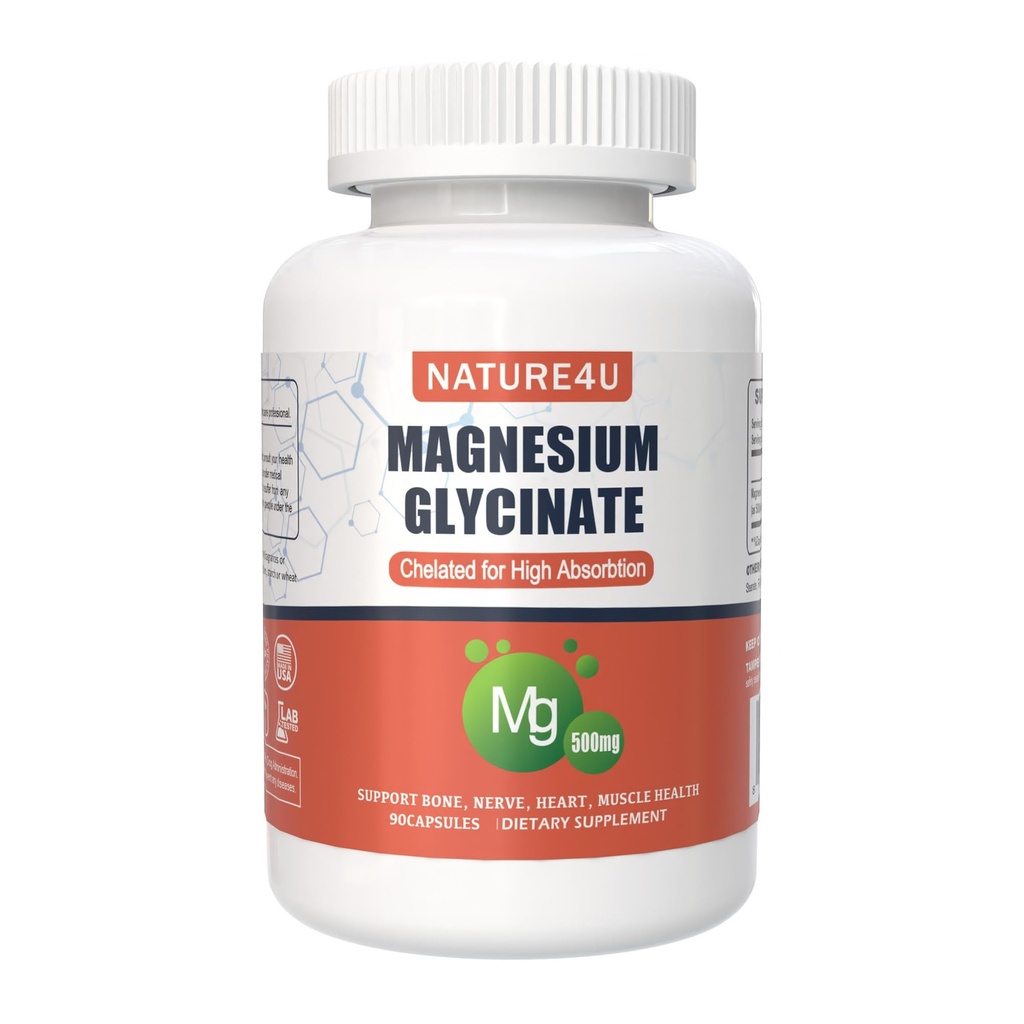 Magneesiumglütsinaat 500mg, 100% kelaat suure imendumise jaoks Magneesiumi lisand une, lihaste, südame, mitte kunagi ja luude toetamiseks, 90 kapslit