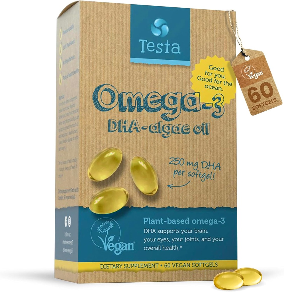Testa Omega 3 täiendus - 250 mg DHA vetikaõlist - Vegan Omega 3 - toetab aju, silma ja liigeste tervist - mitte kalast, puhas vetikakapslid - kaks kuud pakkumine