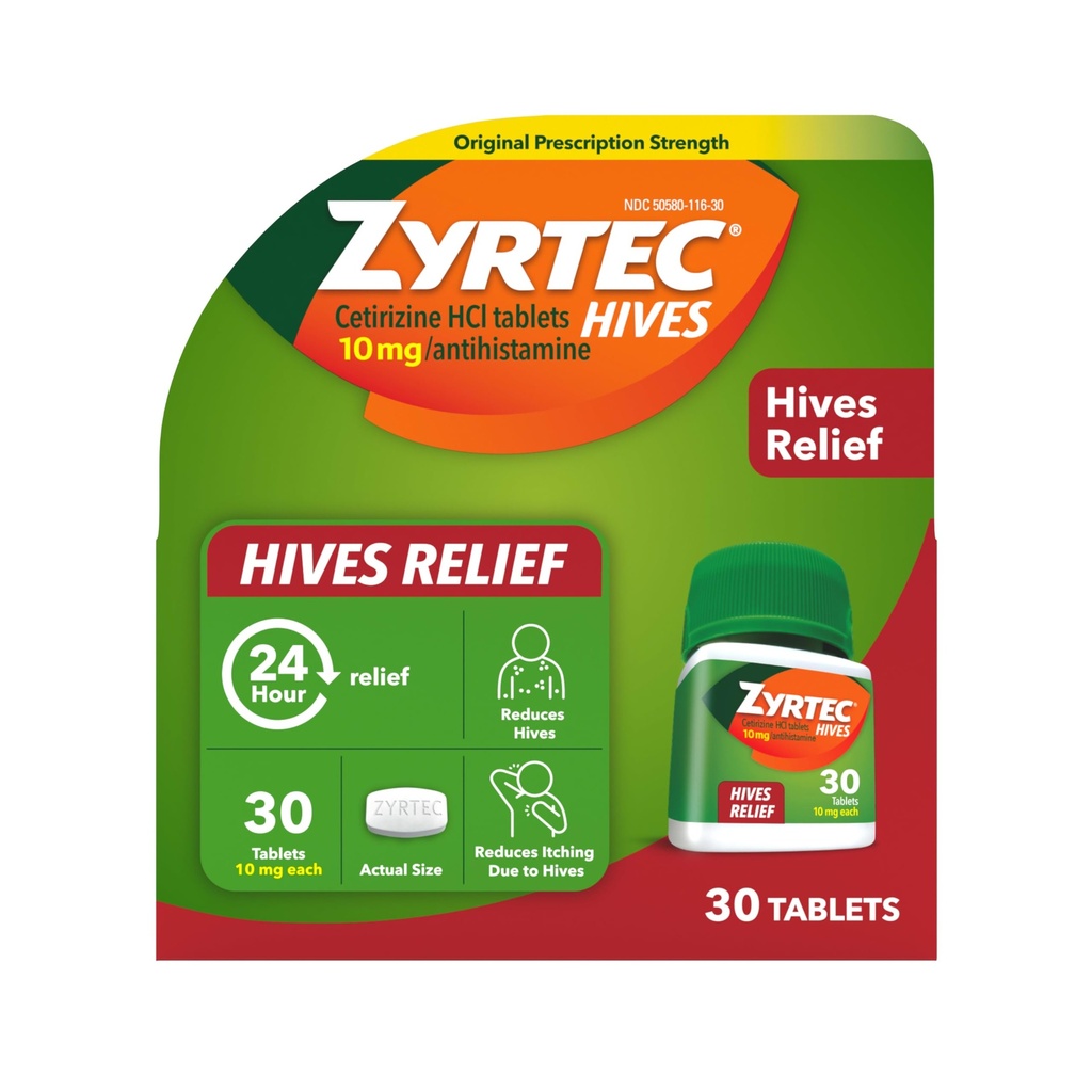 Zyrtec 24 tunni nõgestõve leevendamise tabletid, 10 mg tsetirisiin HCl tabletid, mis aitavad vähendada nõgestõbe ja vähendada sügelust nõgestõve tõttu, antihistamiini tabletid nõgestõve leevendamiseks ja urtikaaria raviks, 30 ct