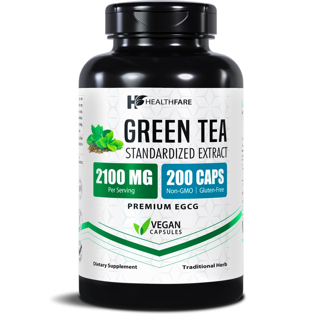 Tervishoid Roheline tee ekstrakti pillid 2100mg | Täiendus standardiseeritud EGCG & Polyphenols | 200 Vegan Kapslid | Extra Tugevus Antioksüdandid | Mitte-GMO, Gluteenivaba | Valmistatud USAs