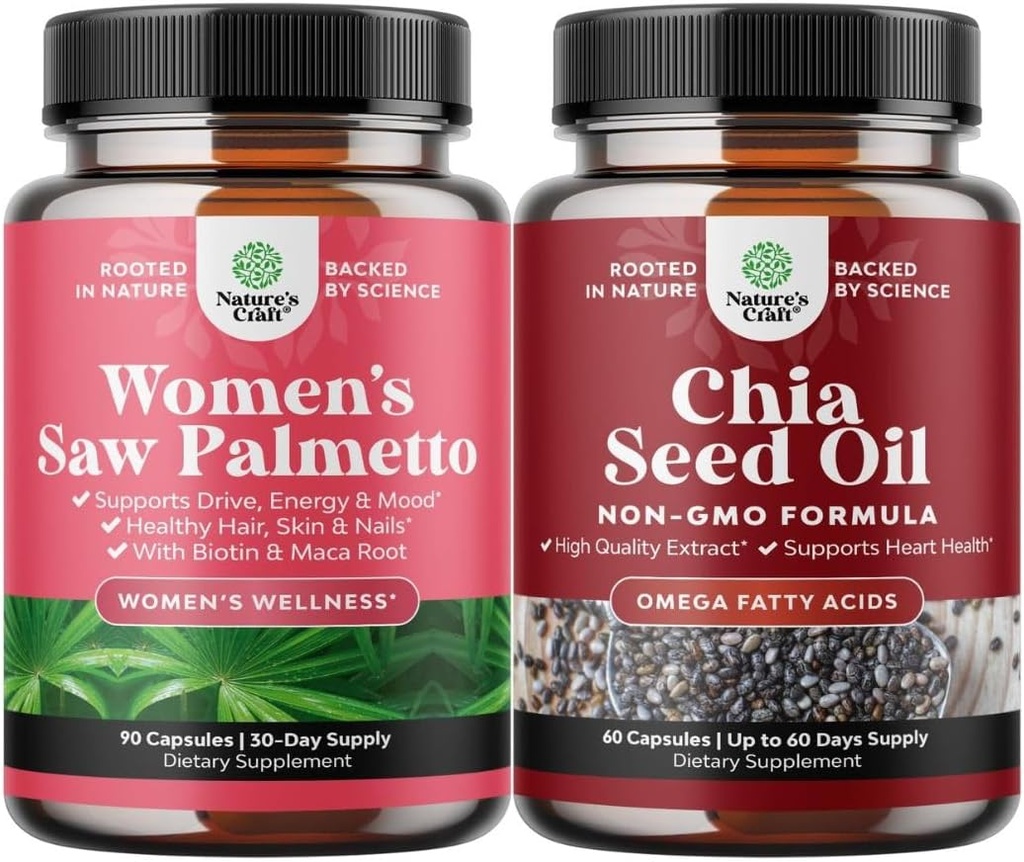 Bundle of Extra Strength Saw Palmetto naistele ja Chia Seed Oil Extract Kapslid - Tugevamad paksemad Kiirem juuste kasvu Vitamiinid - Taimne Omega 3 6 9 Toidulisandid ja igapäevased kiudkapslid