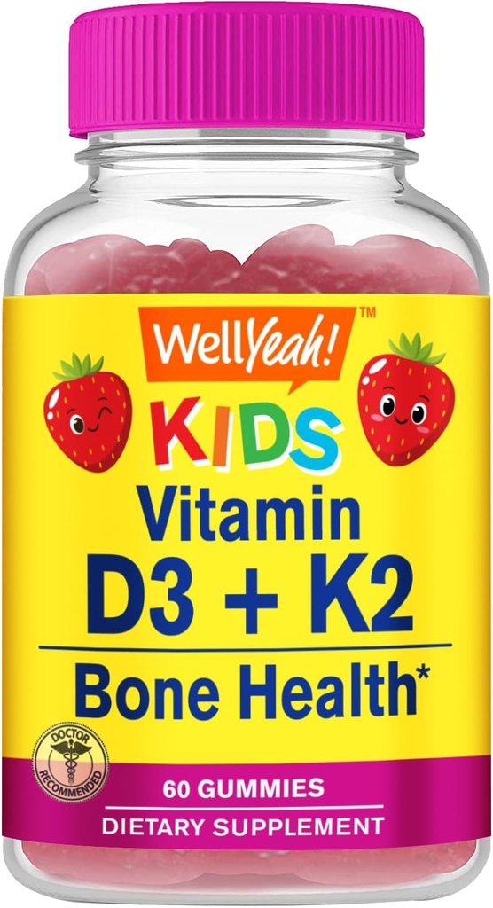 Well Yeah Vitamiin D3 + K2 lastele Kummid - Vitamiin D3 1000 RÜ, K2 100 MCG - Luu ja lihaste tervise toetamine, looduslikud maitsed, GMO-vaba, Gluteenivaba, Vegan - K2 D3 Vitamiin Supplement - 60 Gummies