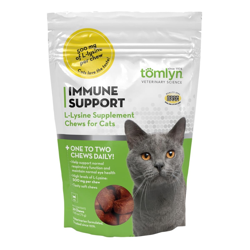 Tomlyn Immune Support Daily L-Lysine Supplement, kalamaitselised lüsiini närimiskoogid kassidele ja kassipoegadele, 30ct