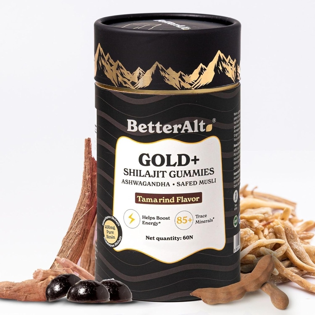 Better Alt Gold+ Shilajit Gummies | with Ashwagandha, Safed Musli,Shilajit Resin & Ginger |Helps Boost Energy & Improves Stamina |1-Month Dietary Supplement|60 Gummies