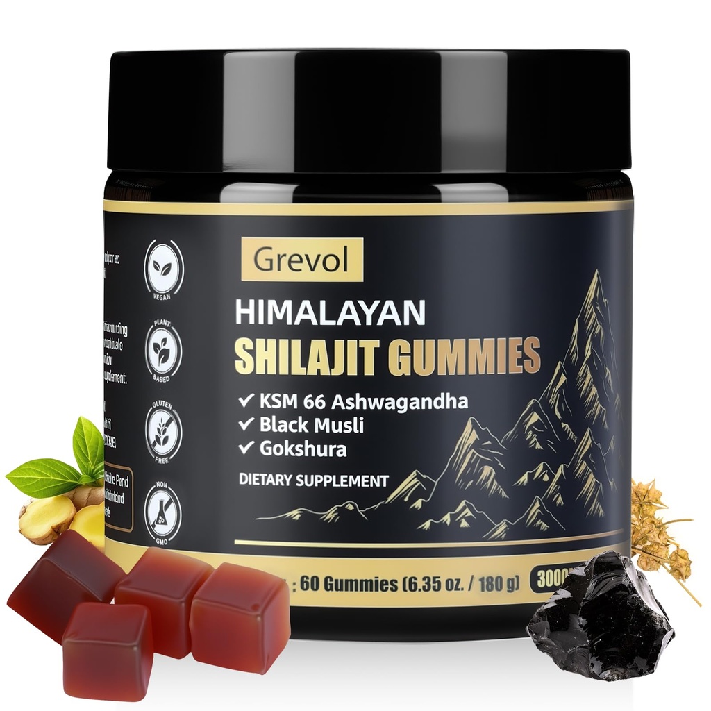 Grevol Himalayan Shilajit Gummies with Ashwagandha - Fulvic Acid & 85+ Trace Minerals - No Added Sugar - Shilajit for Men & Women - 60 Gummy
