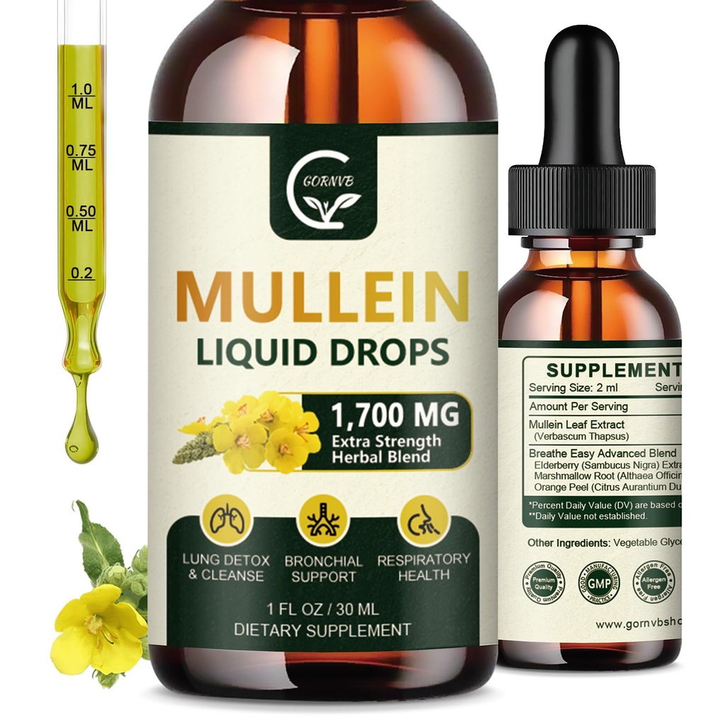 (2 Pack) Mullein tilgad kopsudele - kopsud puhastavad ja hingamisteede tugi, võimas 4 in 1 Mullein Leaf ekstrakt leedrimarjaga, vahukommi juur ja oranž koor bronhide toetamiseks, 1 Fl Oz