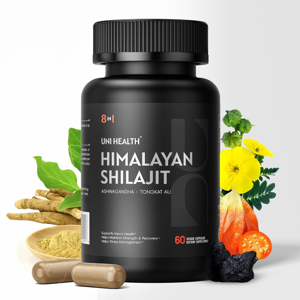 UniHealth® Himaalaja Shilajit meestele ja naistele - Tongkat Ali, Ashwagandha, Fulvic Acid, Tsink, B6, B12, D3 meestele - Pure Shilajits Supplement - Energy & Stamina Support - 60 kapslit