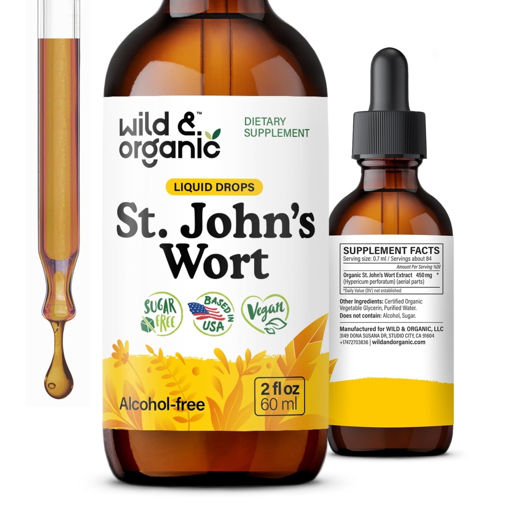 Wild & Organic St Johns Wort Tinktuur - Mood Support - Lõõgastav naistepuna täiendus - Vedelik Hypericum Perforatum Herb Drops - Vegan, suhkur & Alkoholivaba - 2 fl oz