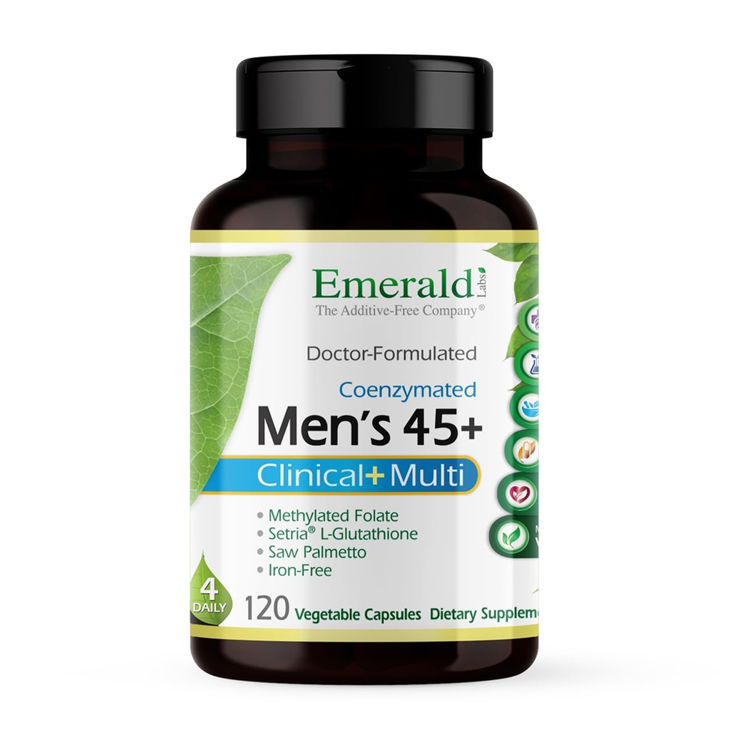 EMERALD LABS Meeste 45+ kliiniline multivitamiin igakülgseks toetuseks, luude ja südame terviseks * - mõeldud meestele 45+ - gluteenivaba ja taimetoitlane - 120 köögiviljakapslit (30-päevane pakkumine)